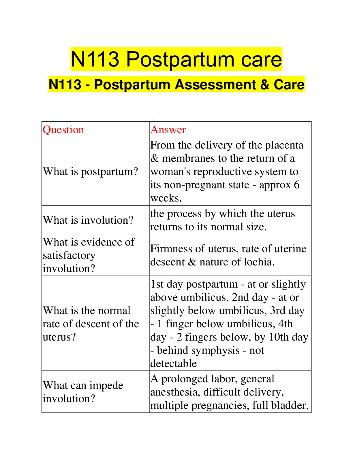 Preview of N113 Postpartum care N113 - Postpartum Assessment & Care | 70 Questions with 100% Correct